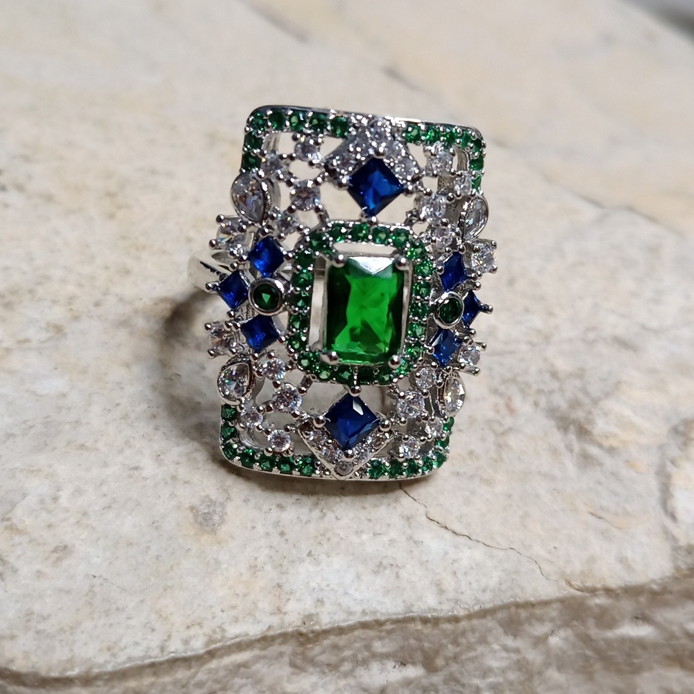 Silver Statement Ring with Green and Blue Gemstones